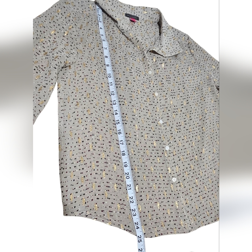 Vince Camuto Beige Button Blouse with Gold Metallic Dots Print Long Sleeve - Picture 9 of 10